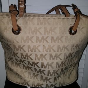 Authentic Michael Kors Tan Logo MK Print Bag